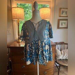 NWT Knox Rose Boho Top Shimmer Blue Print L